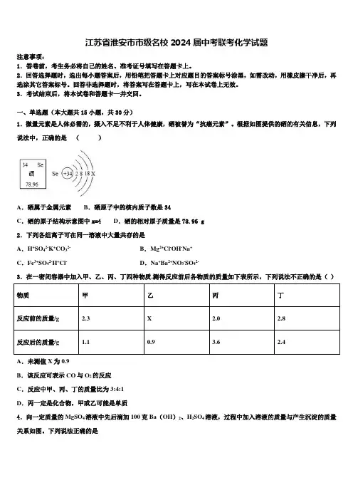 江苏省淮安市市级名校2024届中考联考化学试题含解析
