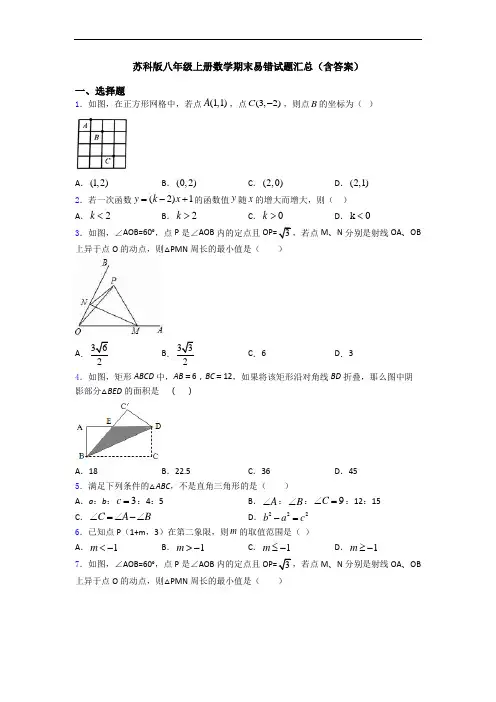 苏科版八年级上册数学期末易错试题汇总(含答案)