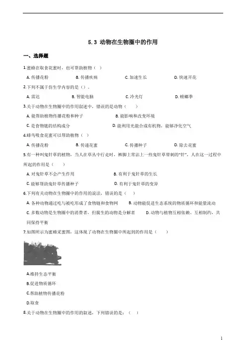 人教版八年级上册生物 期末专题复习 5.3 动物在生物圈中的作用(含答案)