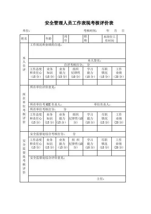 安全管理人员工作表现考核评价表