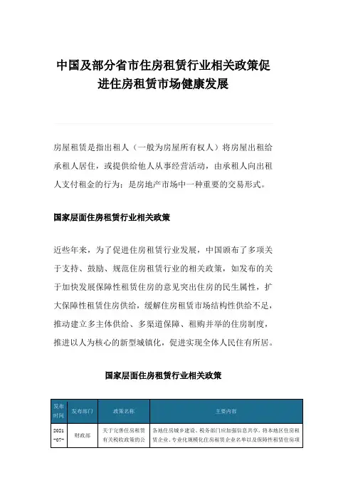 中国及部分省市住房租赁行业相关政策促进住房租赁市场健康发展