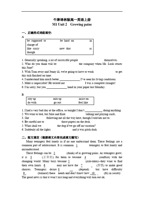 牛津译林版高一英语上册Unit2同步练习(附详细解答)