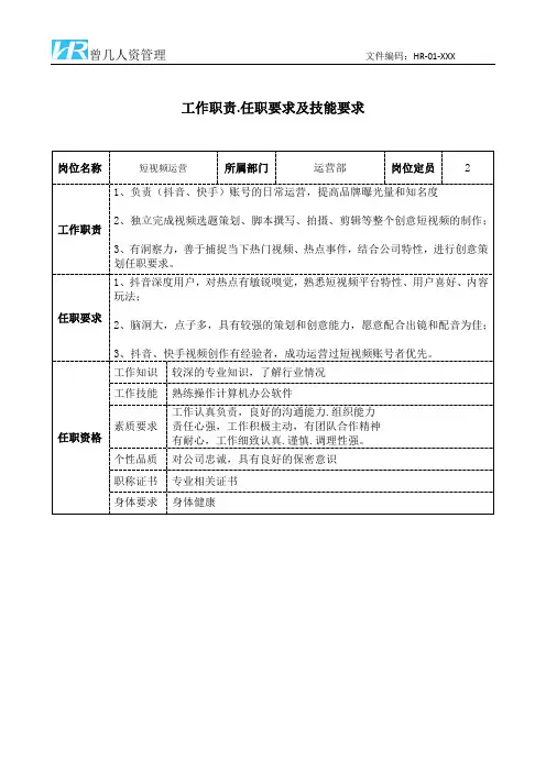 短视频运营工作职责和任职要求模板