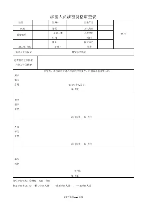 涉密人员资格审查表