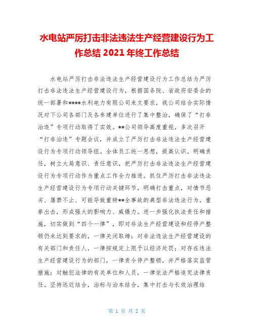 水电站严厉打击非法违法生产经营建设行为工作总结2021年终工作总结
