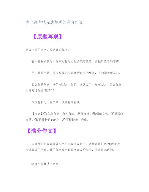 湖北高考状元唐楚玥的满分作文