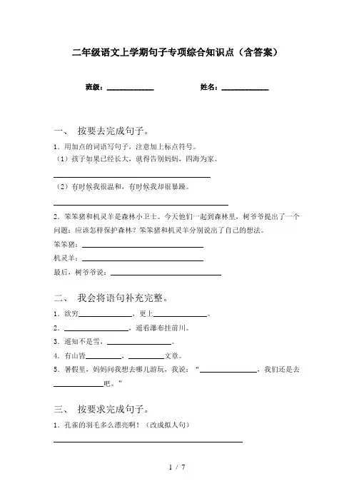 二年级语文上学期句子专项综合知识点(含答案)