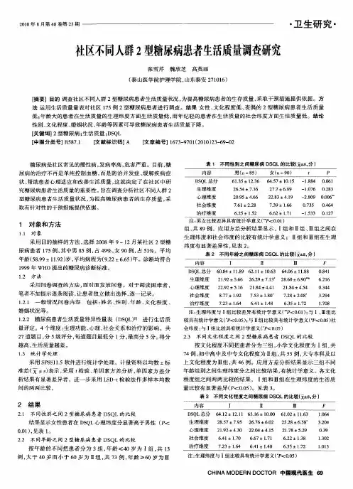 社区不同人群2型糖尿病患者生活质量调查研究