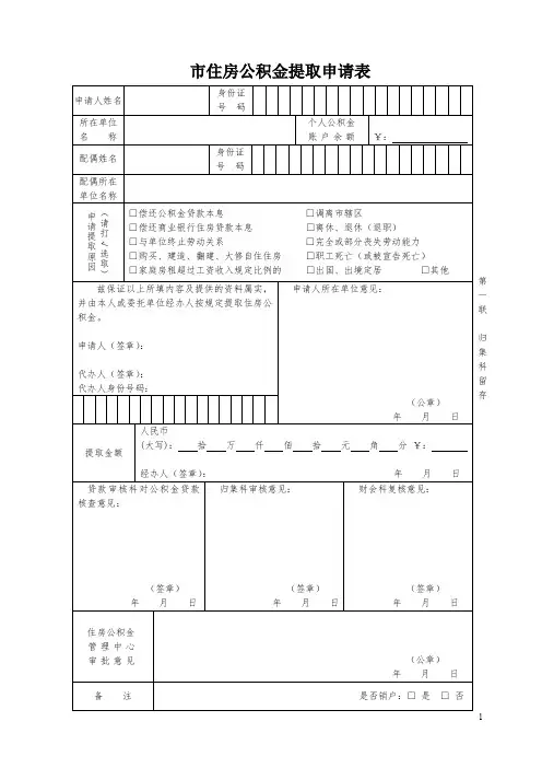 市住房公积金提取申请表+市住房公积金提取申请表格