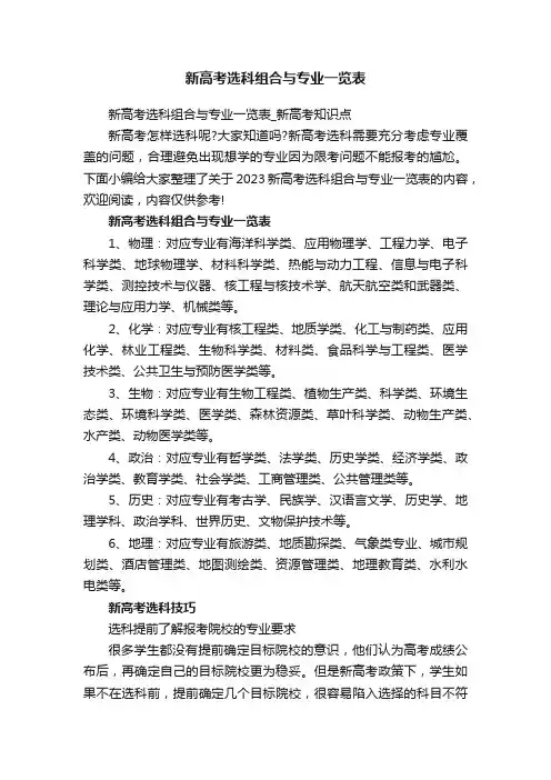 新高考选科组合与专业一览表
