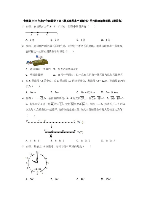 2020—2021学年鲁教版(五四制)六年级数学下册《第五章基本平面图形》单元综合培优训练(附答案)