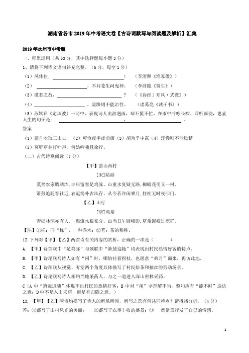 湖南省各市2019年中考语文卷【古诗词默写与阅读题及解析】汇集