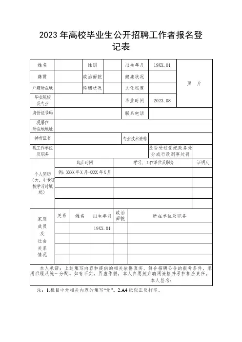 高校毕业生公开招聘工作者报名登记表