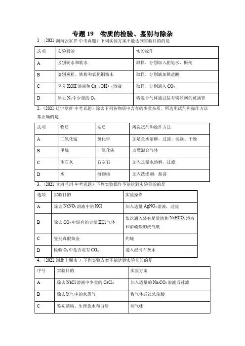 专题19 物质的检验、鉴别与除杂-2021年中考化学真题分项汇编(全国通用)(第04期)(原卷版)