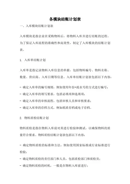 各模块结账计划表