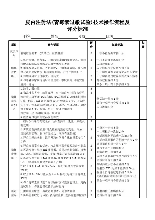 皮内注射法(青霉素过敏试验)技术操作流程及评分标准