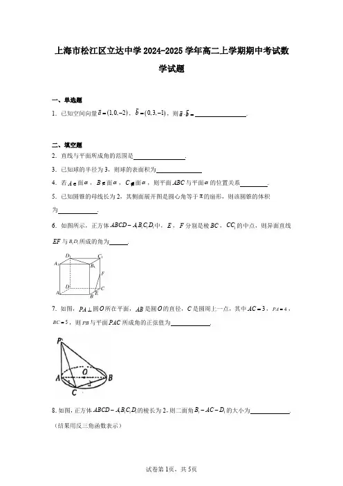 上海市松江区立达中学2024-2025学年高二上学期期中考试数学试题