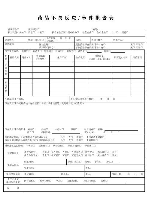 药品不良反应(事件)报告表