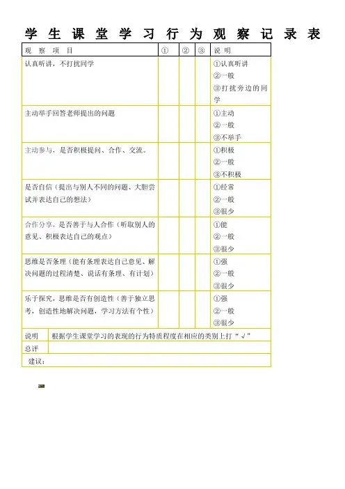 学生课堂学习行为观察记录表
