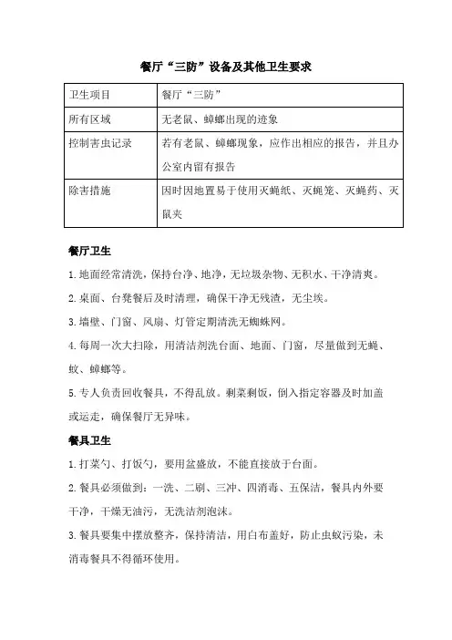 餐厅“三防”设备及其他卫生要求