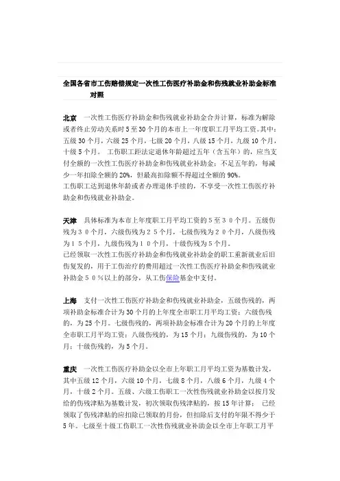 全国一次性工伤医疗补助金和伤残就业补助金明细表