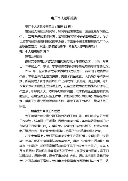 电厂个人述职报告