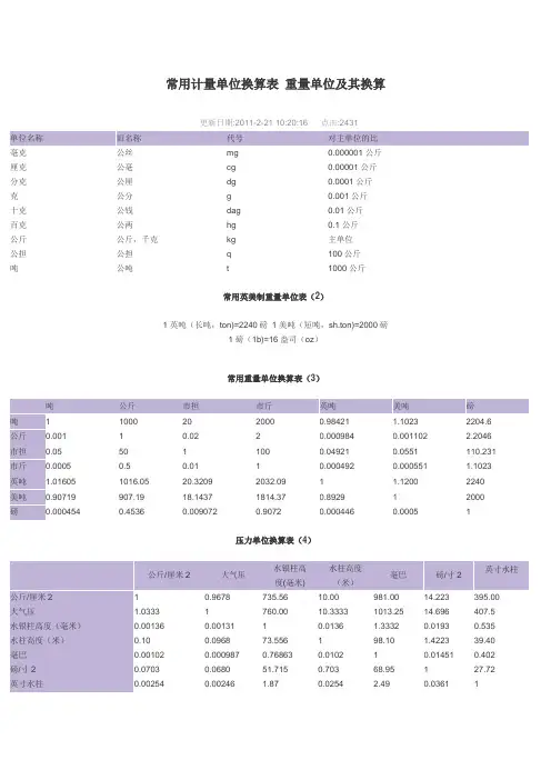 常用计量单位换算表 重量单位及其换算