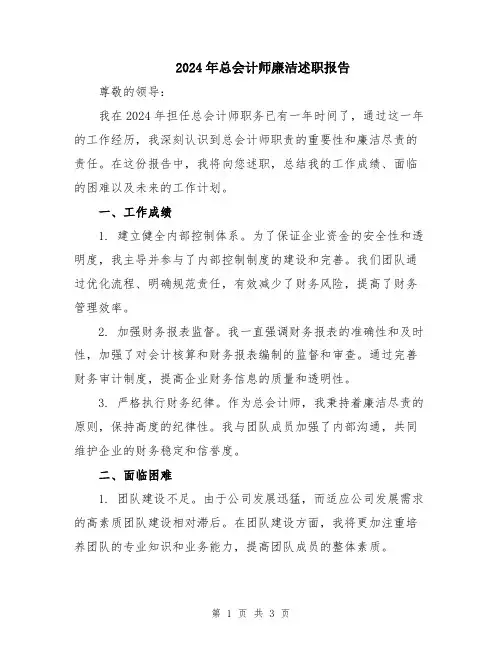 2024年总会计师廉洁述职报告