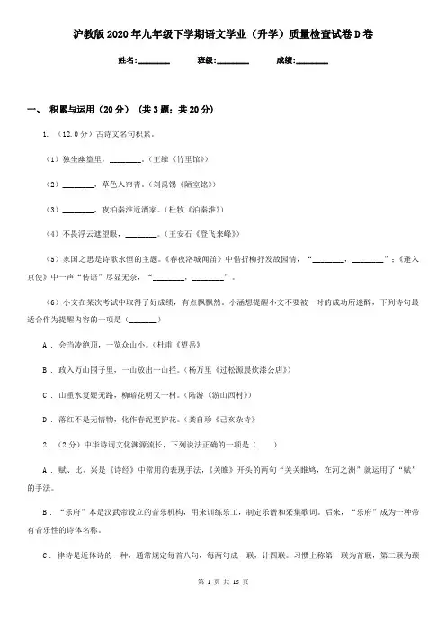 沪教版2020年九年级下学期语文学业(升学)质量检查试卷D卷