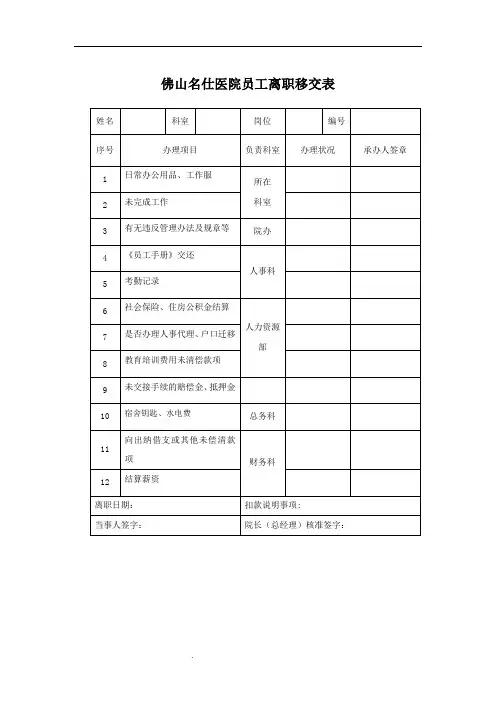 医院员工离职移交表