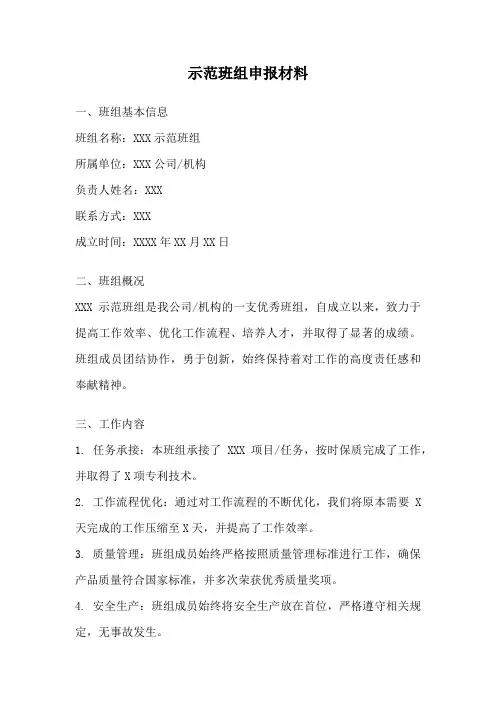 示范班组申报材料