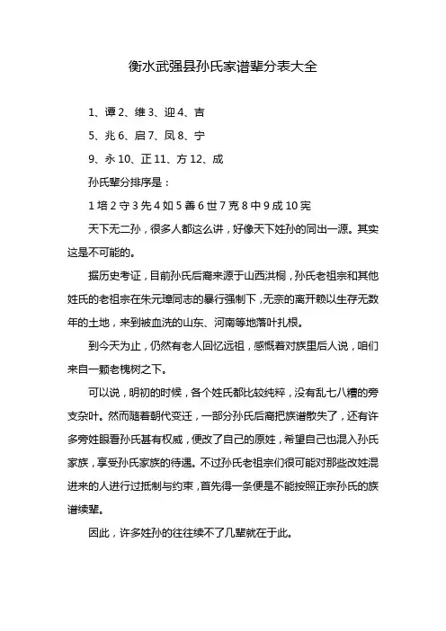 衡水武强县孙氏家谱辈分表大全