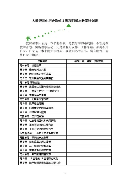 人教版高中历史选修1课程目录与教学计划表