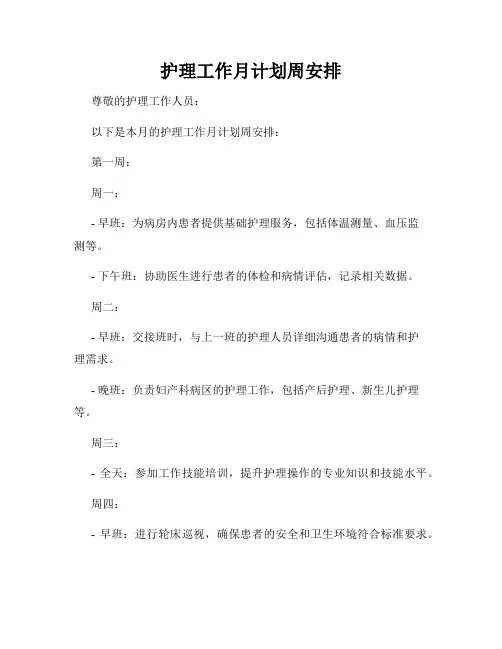 护理工作月计划周安排
