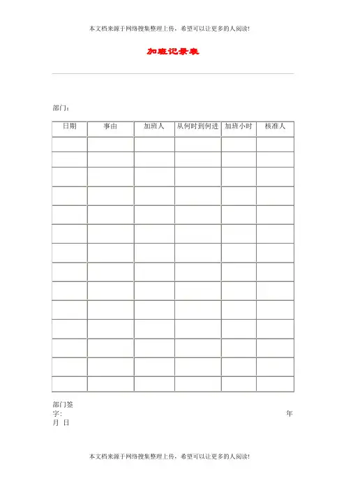 加班记录表(表格模板、DOC格式)