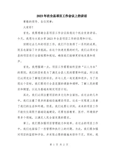 2023年在全县项目工作会议上的讲话