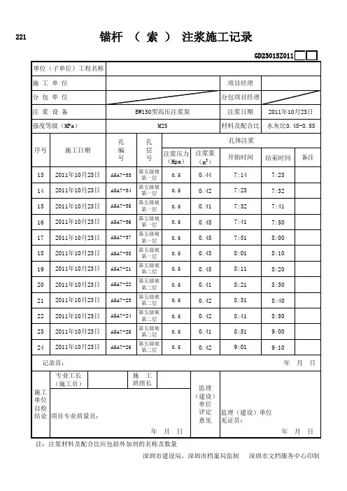 锚杆注浆施工记录(范例)