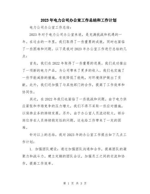 2023年电力公司办公室工作总结和工作计划