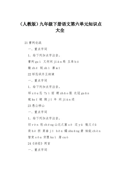 (人教版)九年级下册语文第六单元知识点大全