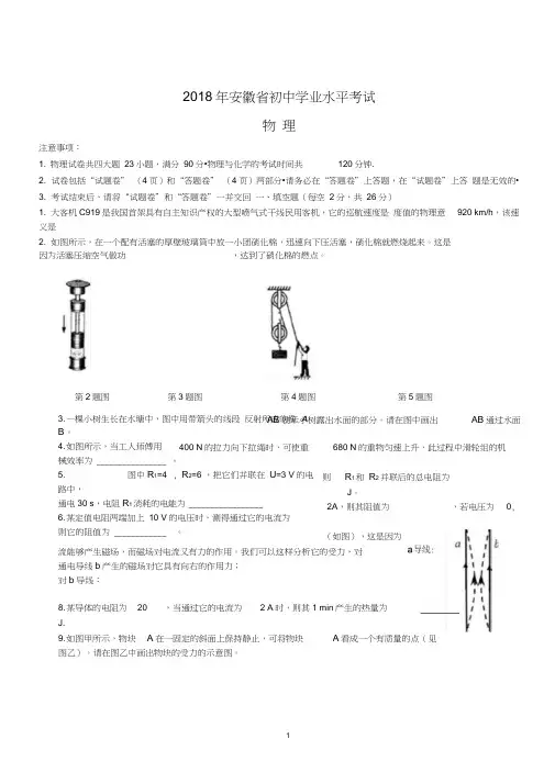 2018安徽中考物理真题及答案(word版),推荐文档