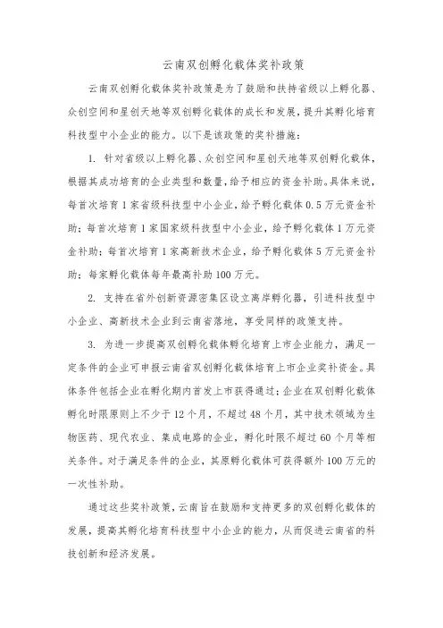云南双创孵化载体奖补政策