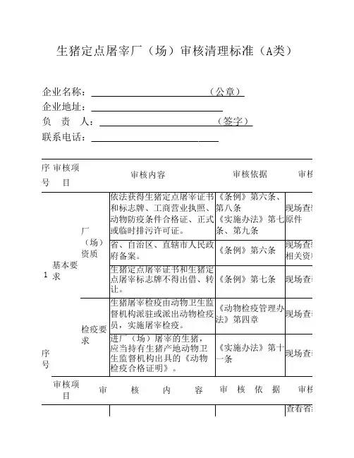 生猪定点屠宰厂(场)审核清理标准(A类)