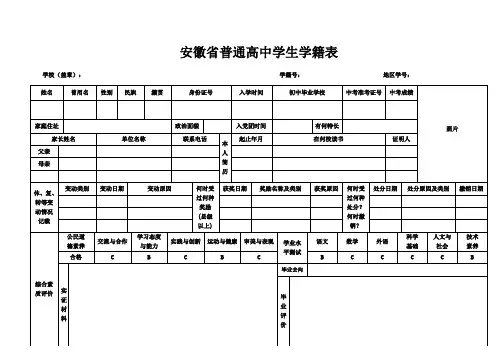 安徽省高中学籍表(正面)