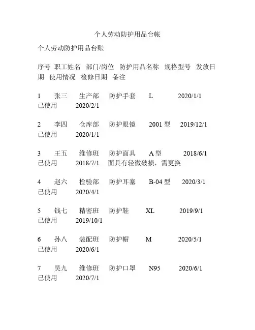 个人劳动防护用品台帐