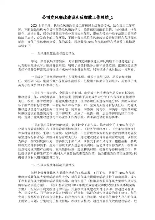 公司党风廉政建设和反腐败工作总结