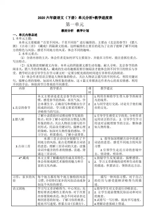 2020春部编版语文六年级下册单元分析+进度表