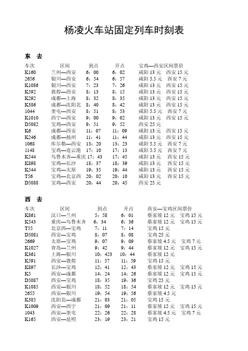 杨凌火车站固定列车时刻表