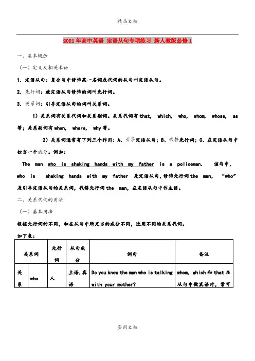 2021年高中英语 定语从句专项练习 新人教版必修1
