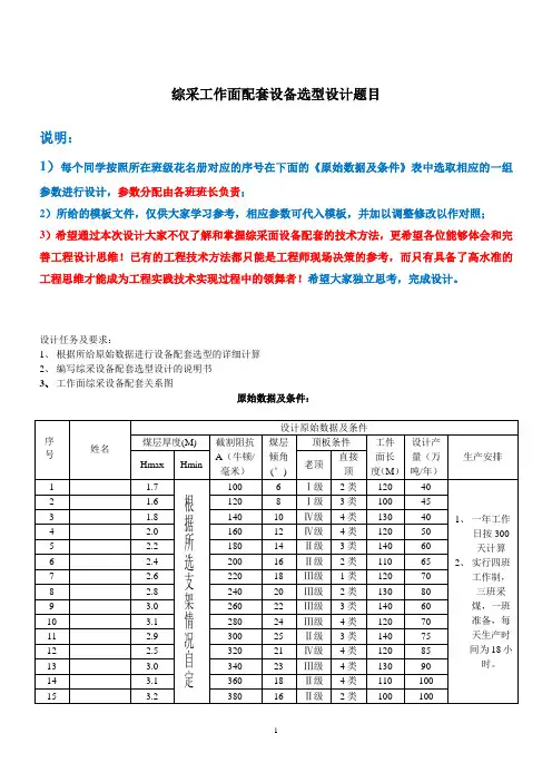 综采工作面配套设备选型设计题目及要求