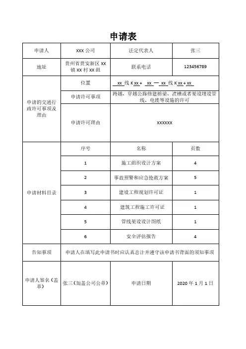 跨越、穿越公路修建桥梁、渡槽或者架设埋设管线、电缆等设施的许可申请表(范本)